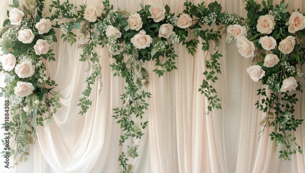 Cascading roses and greenery, adorning the wall of an elegant wedding ceremony decor. Cascading roses and greenery, adorning the wall of an elegant wedding ceremony decor.