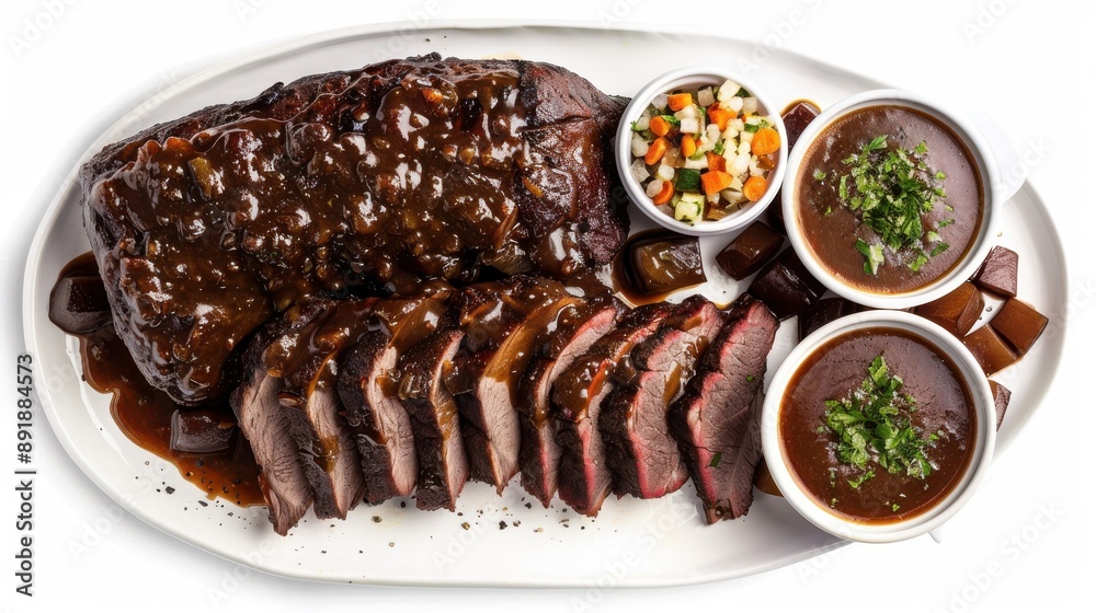 A plate of ribs and gravy with a side of vegetables A plate of ribs and gravy with a side of vegetables