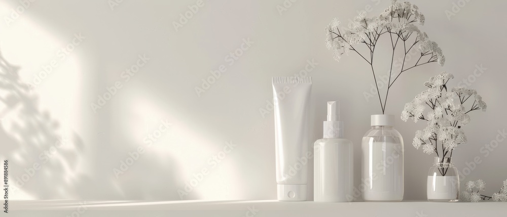 A white background with a vase of flowers and three bottles of lotion A white background with a vase of flowers and three bottles of lotion
