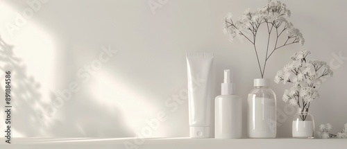 A white background with a vase of flowers and three bottles of lotion