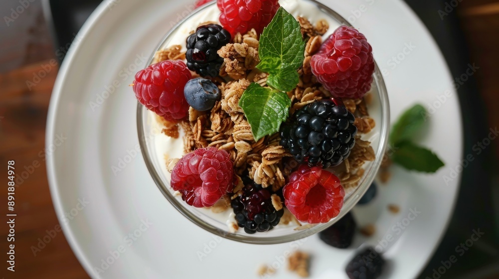 A bowl of fruit with berries and granola on top A bowl of fruit with berries and granola on top