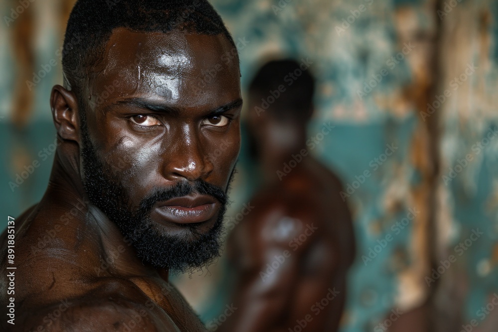 close-up shot of an athlete's face, his intense gaze directed off-camera, revealing a powerful physique and unwavering focus. close-up shot of an athlete's face, his intense gaze directed off-camera, revealing a powerful physique and unwavering focus.