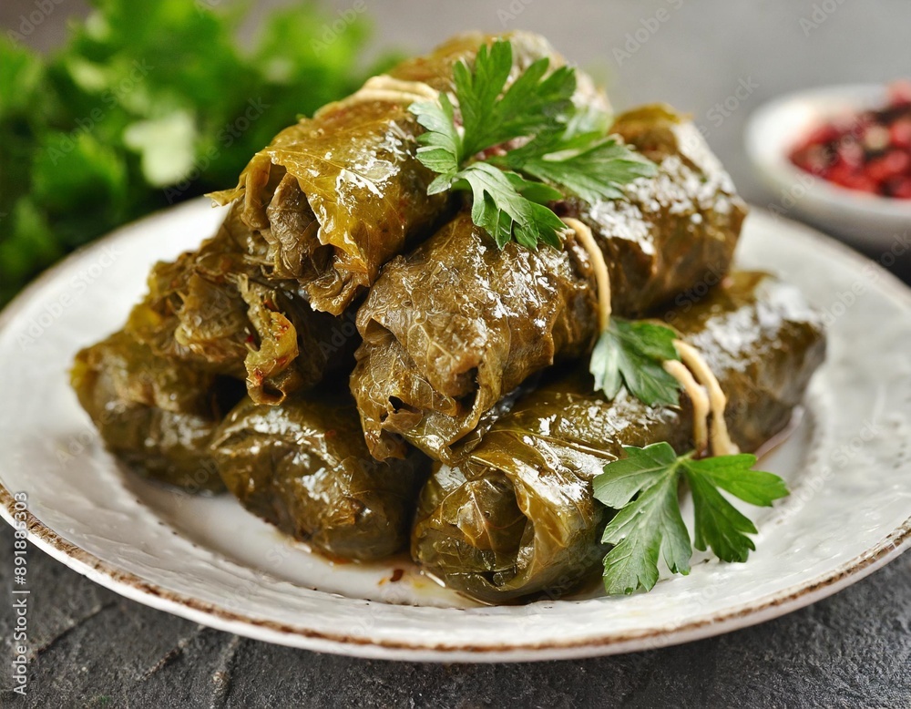 A plate of delicious stuffed grape leaves with parsley garnish. A plate of delicious stuffed grape leaves with parsley garnish.