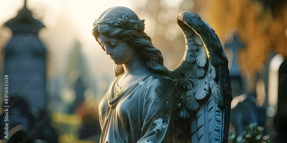 Fototapeta premium A serene angel statue in a peaceful cemetery. Suitable for funeral services or religious themes