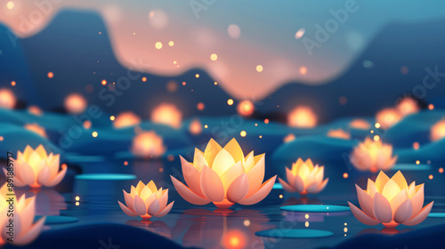 The river is floating lotus lantern lotus lantern poster illustration of Hungry Ghost Festival

