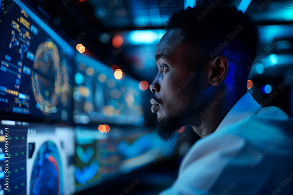 Inclusive image of a black IT ethical hacker software developer working ...