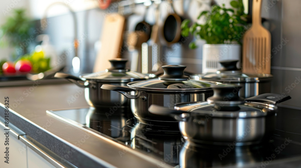 Stainless steel cooking pots on a white induction hob in the kitchen, creating a clean and modern food cooking background. Stainless steel cooking pots on a white induction hob in the kitchen, creating a clean and modern food cooking background.