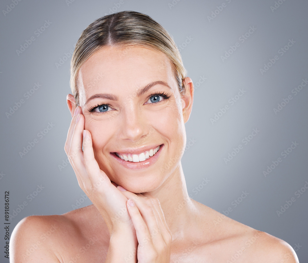 Woman, touch and beauty in studio for skincare, smile and luxury spa treatment on gray background. Girl, happy and confidence for healthy skin, self care and wellness with facial transformation Woman, touch and beauty in studio for skincare, smile and luxury spa treatment on gray background. Girl, happy and confidence for healthy skin, self care and wellness with facial transformation