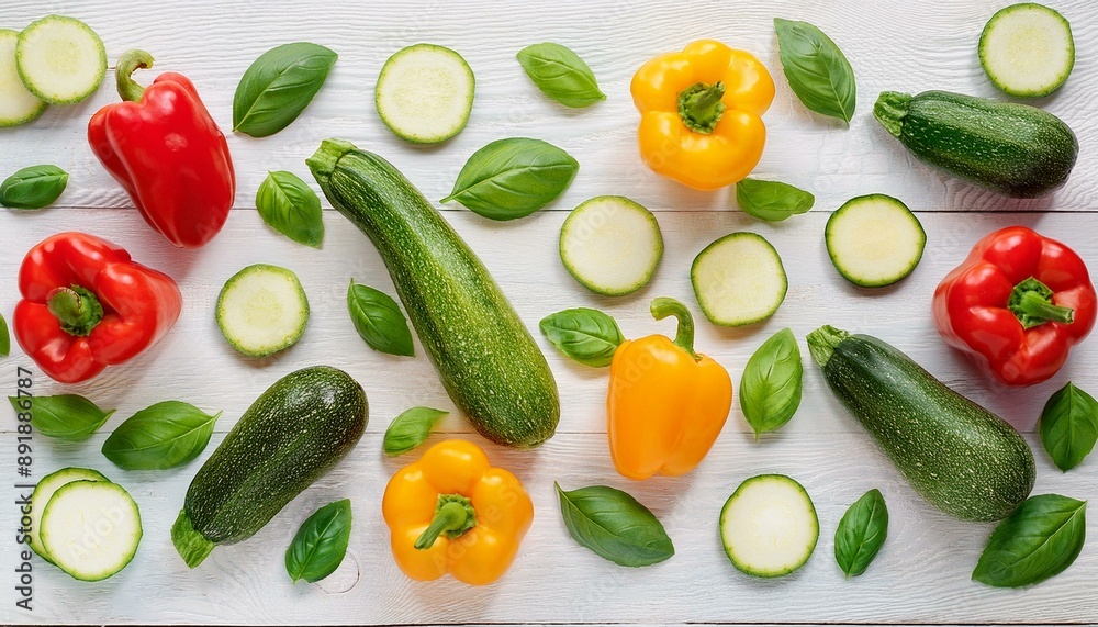 Bright flat-lay of vibrant peppers, zucchini slices, and fresh basil leaves on a clean white Bright flat-lay of vibrant peppers, zucchini slices, and fresh basil leaves on a clean white