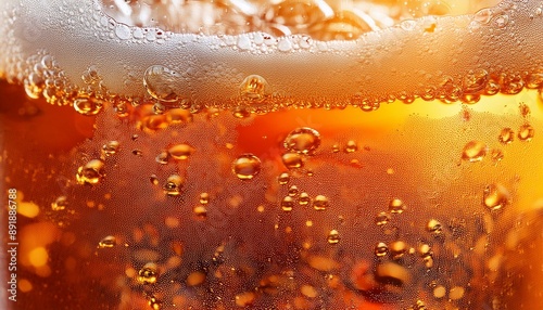 Bubbles rising dynamically in a glass of orange soda, with a blurred background in warm, inv