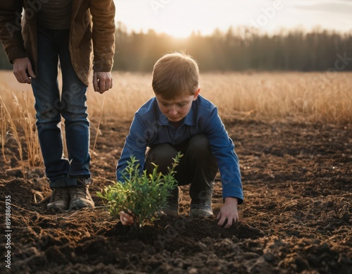 A Young Boy Planting a Tree with Adult Supervision at Sunset.