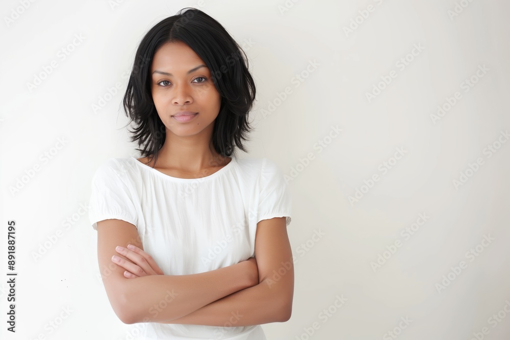 Confident Woman in White Blouse with Arms Crossed Confident Woman in White Blouse with Arms Crossed
