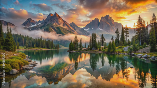 Majestic mountain range at sunset with misty valley and serene alpine lake reflecting towering pine trees and rugged granite peaks in the distance.
