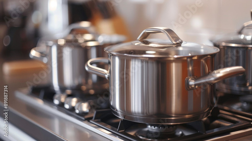 Stainless steel cooking pots on a white induction hob in the kitchen, creating a clean and modern food cooking background.