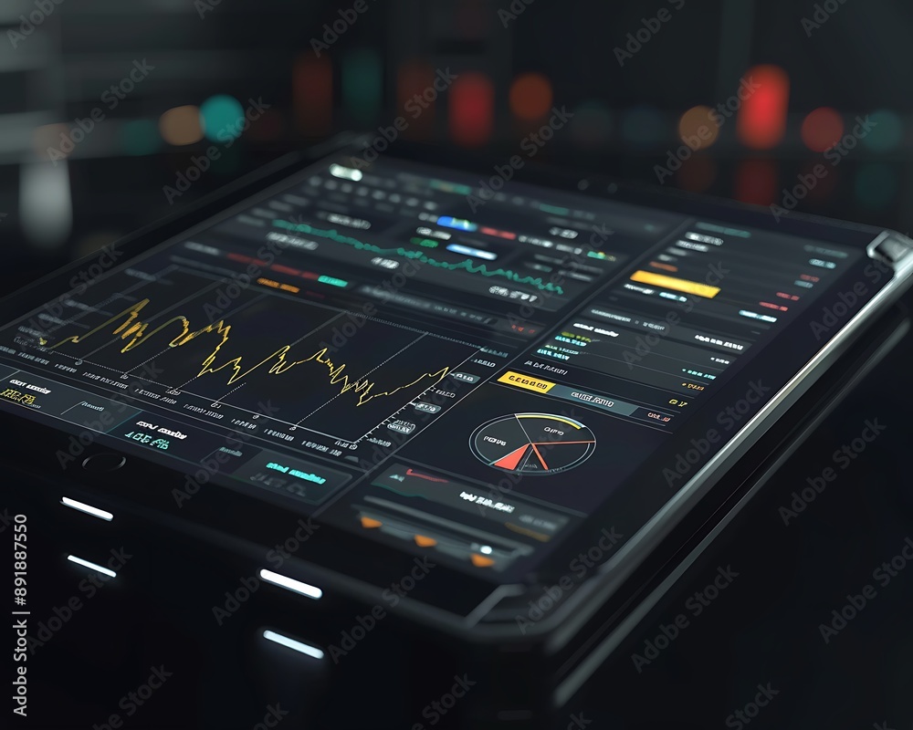 Financial data on digital tablet, trading chart, dark background, futuristic stock market analysis, 3D rendering, Financial data on digital tablet, trading chart, dark background, futuristic stock market analysis, 3D rendering,