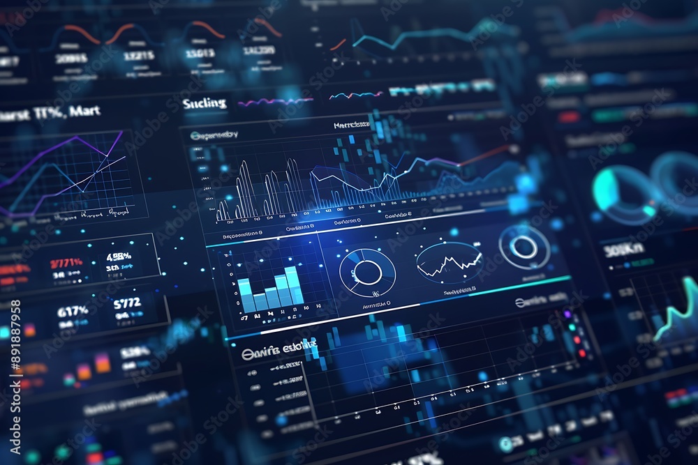 Financial data on a virtual interface, business dashboard with marketing and social media analytics, dark blue background, Financial data on a virtual interface, business dashboard with marketing and social media analytics, dark blue background,