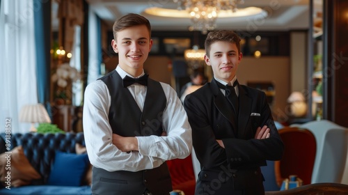 Happy young elegant receptionist and bellboy standing in lounge of luxurious hotel and looking at camera while waiting for new guests  photo