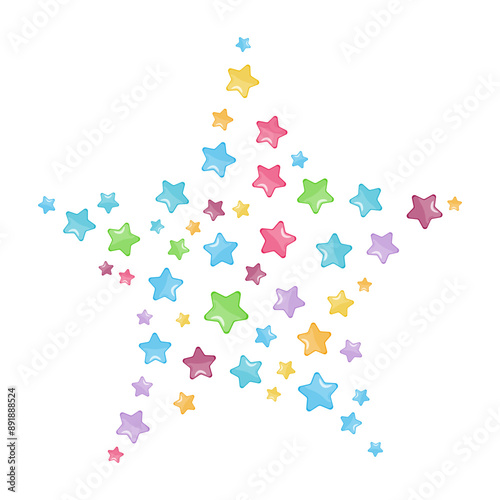 Pattern of small colorful stars forming large star shape. Multicolored star pattern for the design of greeting cards, birthday posters, walls childrens room.