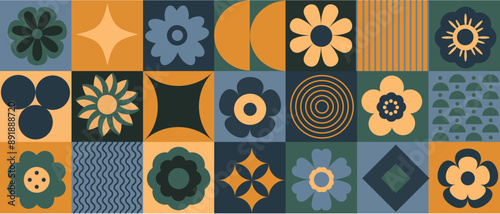 Abstract geometric floral bauhaus pattern. Minimal natural flower plants of simple shapes, concept of agriculture, botanical garden. Vector banner. 