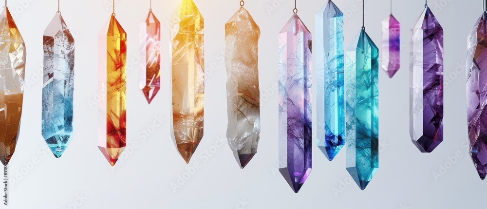 A row of colorful crystals hanging from a string A row of colorful crystals hanging from a string