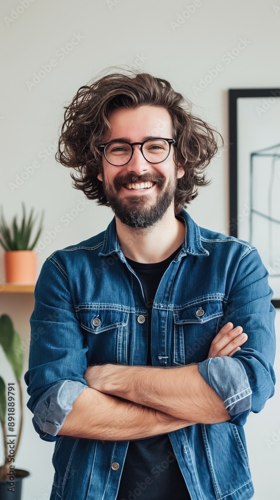 Obraz premium A man smiles warmly while standing indoors, wearing a denim jacket and glasses