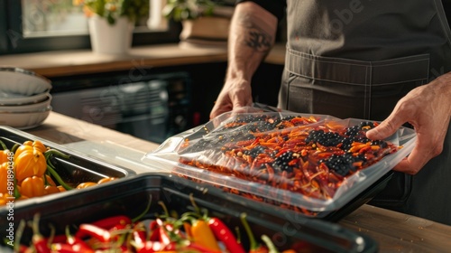 Man using vacuum seal machine for vacuum packing paprika in plastic bags. . High quality photo photo