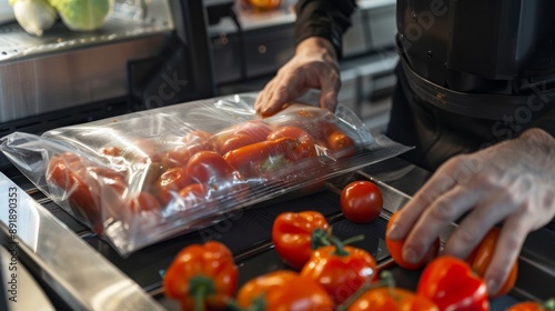 Man using vacuum seal machine for vacuum packing paprika in plastic bags. . High quality photo photo