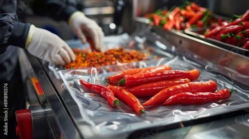 Man using vacuum seal machine for vacuum packing paprika in plastic bags. . High quality photo photo