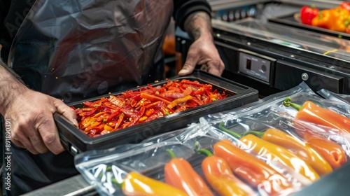 Man using vacuum seal machine for vacuum packing paprika in plastic bags. . High quality photo photo