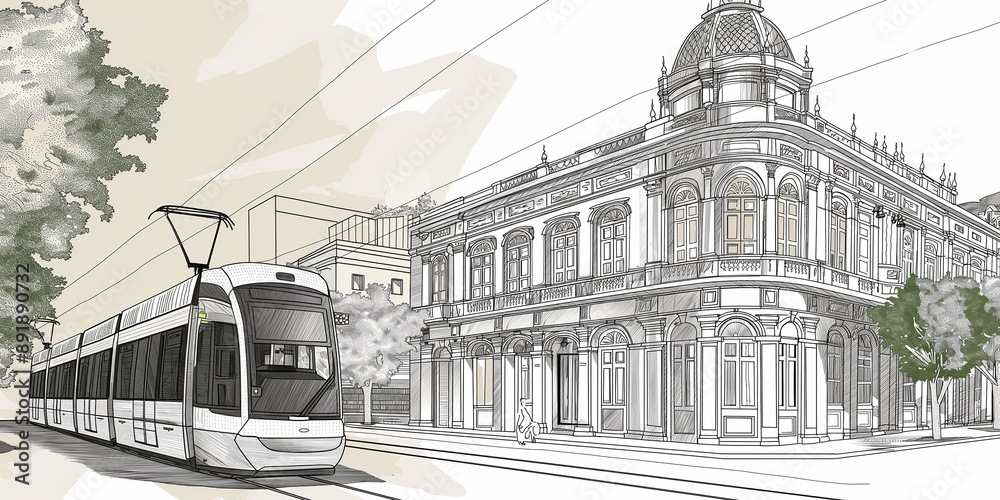 Naklejka premium Modern tram passing through historic city center