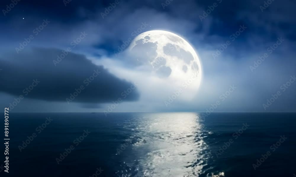 Full moon Shining echo in the night sky over the sea or ocean, in flying clouds.