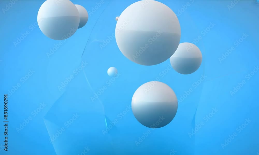 Abstract geometric animation, blue minimalist background design with flying spheres, 4k seamless looped video, 3d render