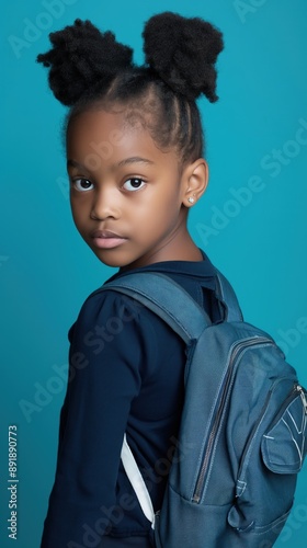Young Black girl with a backpack and double buns looking at the camera