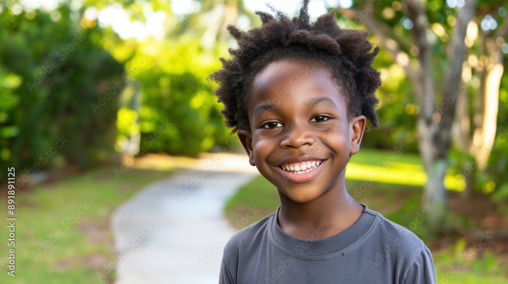 A young Black boy with curly hair smiles at the camera while standing on a pathway in a park A young Black boy with curly hair smiles at the camera while standing on a pathway in a park