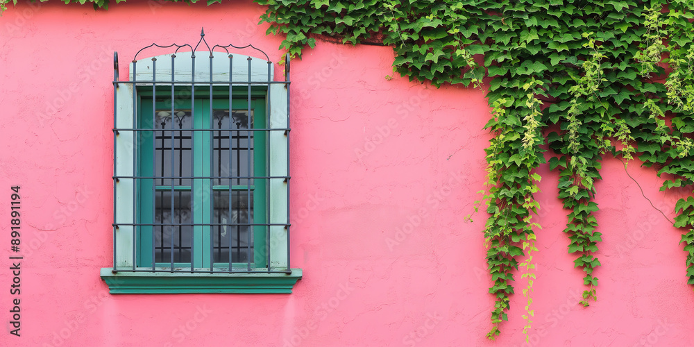 Green plants growing on pink wall covering green window with iron bars Green plants growing on pink wall covering green window with iron bars