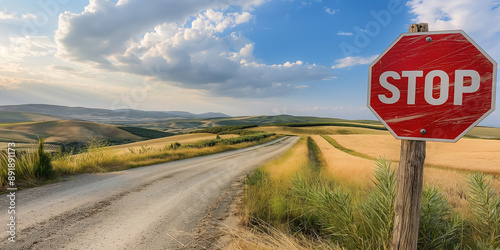 Stop sign standing on countryside road leading to endless fields