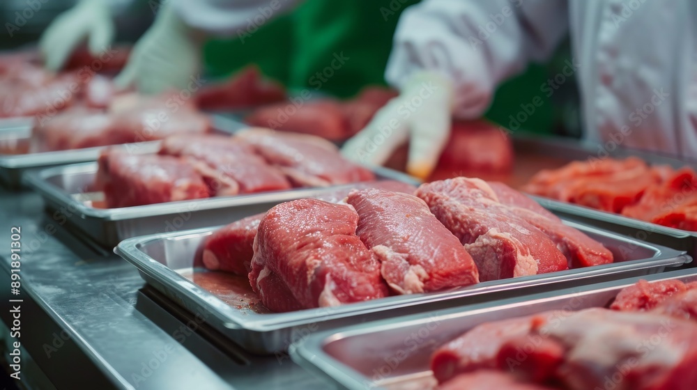 Workers handling fresh beef in a modern facility, ensuring high standards of quality and cleanliness. Precision and care for top-quality meat. 🍖🔍✨ Workers handling fresh beef in a modern facility, ensuring high standards of quality and cleanliness. Precision and care for top-quality meat. 🍖🔍✨