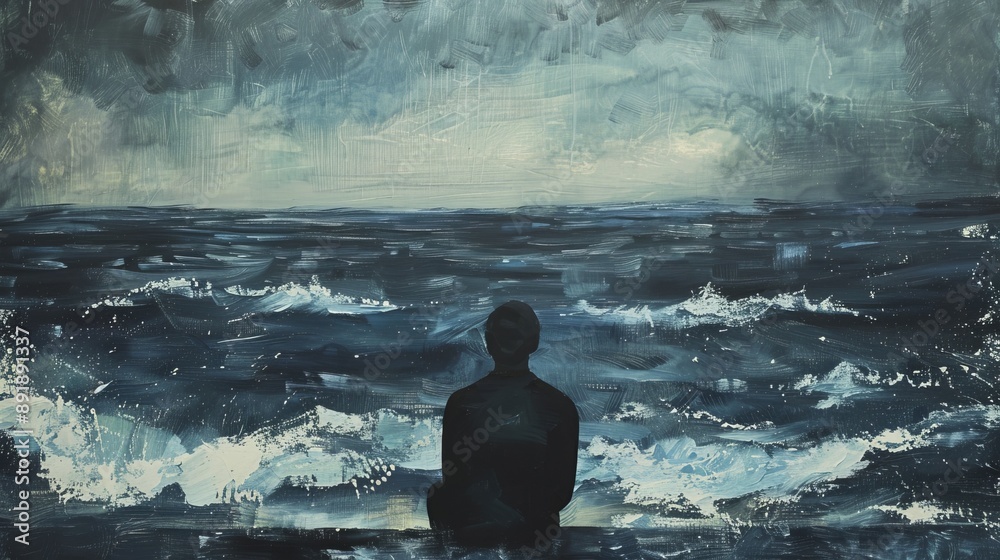 Obraz premium Man alone with the sea, lonely, depression, sad, surreal painting illustration, artwork