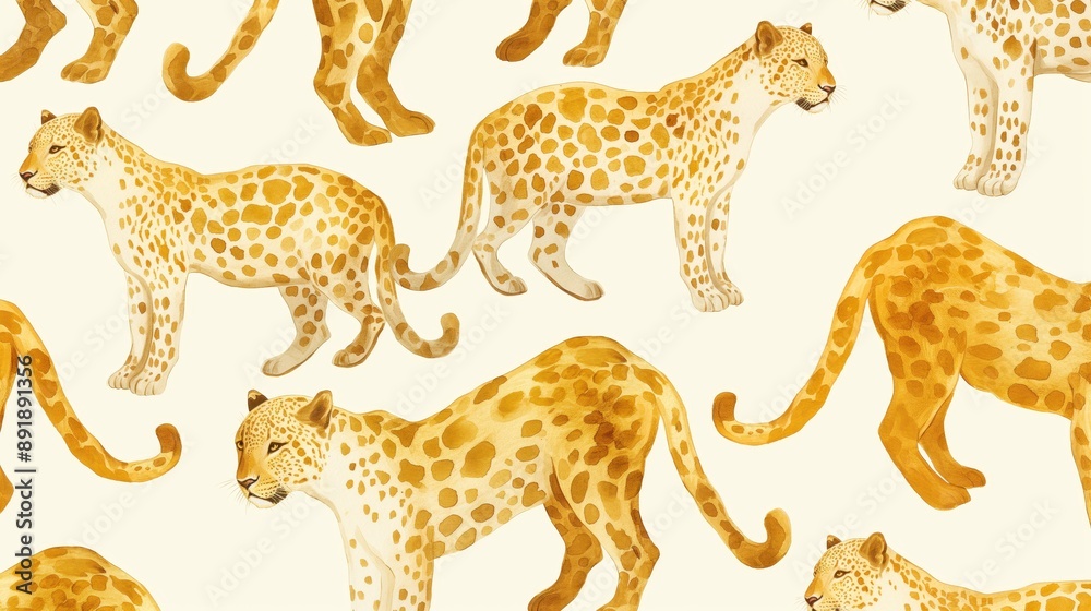 Fototapeta premium Golden and White Gouache Leopards.A stunning wallpaper featuring beautifully painted leopards in white and gold, showcasing intricate details and sculpted aesthetics.