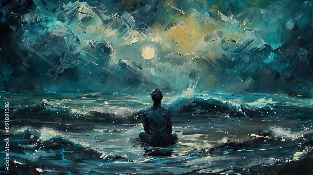 Obraz premium Man alone with the sea, lonely, depression, sad, surreal painting illustration, artwork
