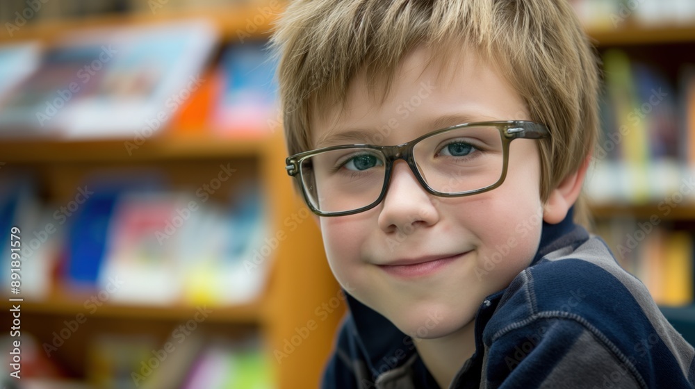 Young boy with glasses smiles in a library Young boy with glasses smiles in a library