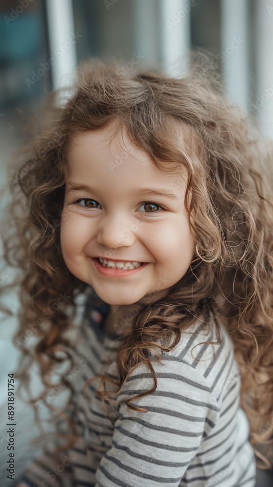 A little girl with curly hair smiles for the camera A little girl with curly hair smiles for the camera