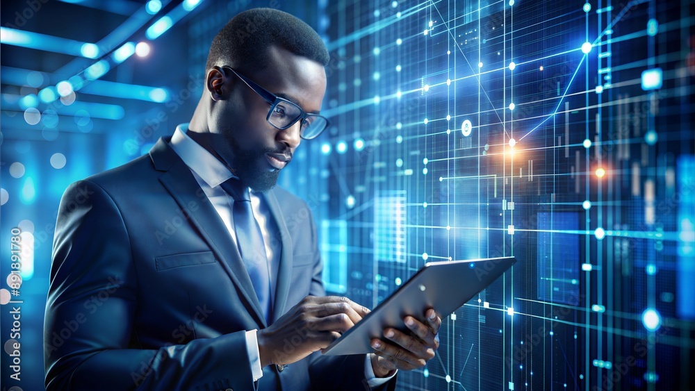 Fototapeta premium AI Cybersecurity Threat Analysis: African American IT Specialist Tackles Privacy Leaks