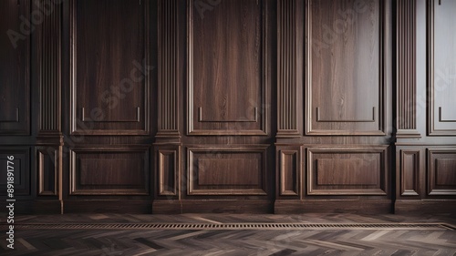 A luxurious classic wood paneled wall, with rich, dark wooden planks adorned with intricate frame and column patterns.