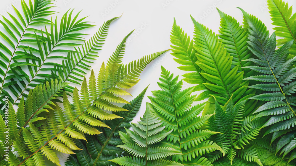 Vibrant fern fronds and lush tropical leaves arrange harmoniously on a crisp white background, creating a stunning botanical composition perfect for banners and designs. Vibrant fern fronds and lush tropical leaves arrange harmoniously on a crisp white background, creating a stunning botanical composition perfect for banners and designs.