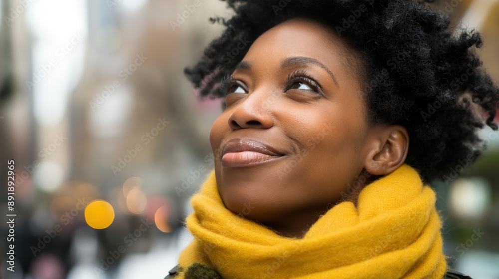 A Black woman with curly black hair wearing a yellow scarf looks up with a hopeful expression