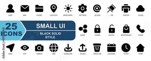small user interface icon set.solid black style.contains download,upload,trash can,calendar,clock,time,schedule,home,house,main menu.
