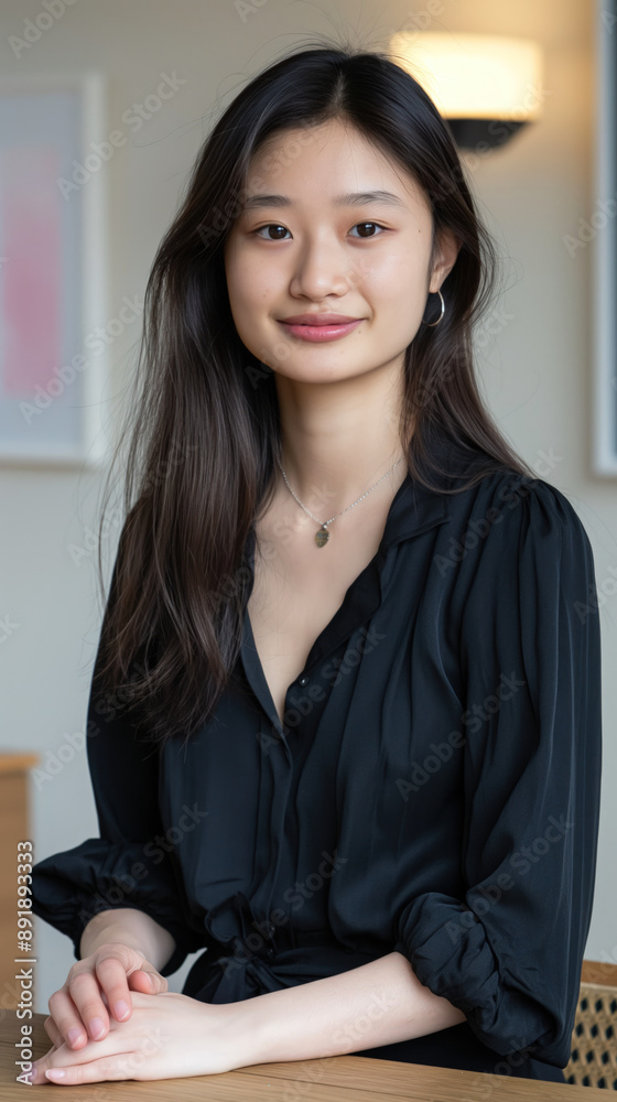 Smiling woman with long black hair sits at a table Smiling woman with long black hair sits at a table
