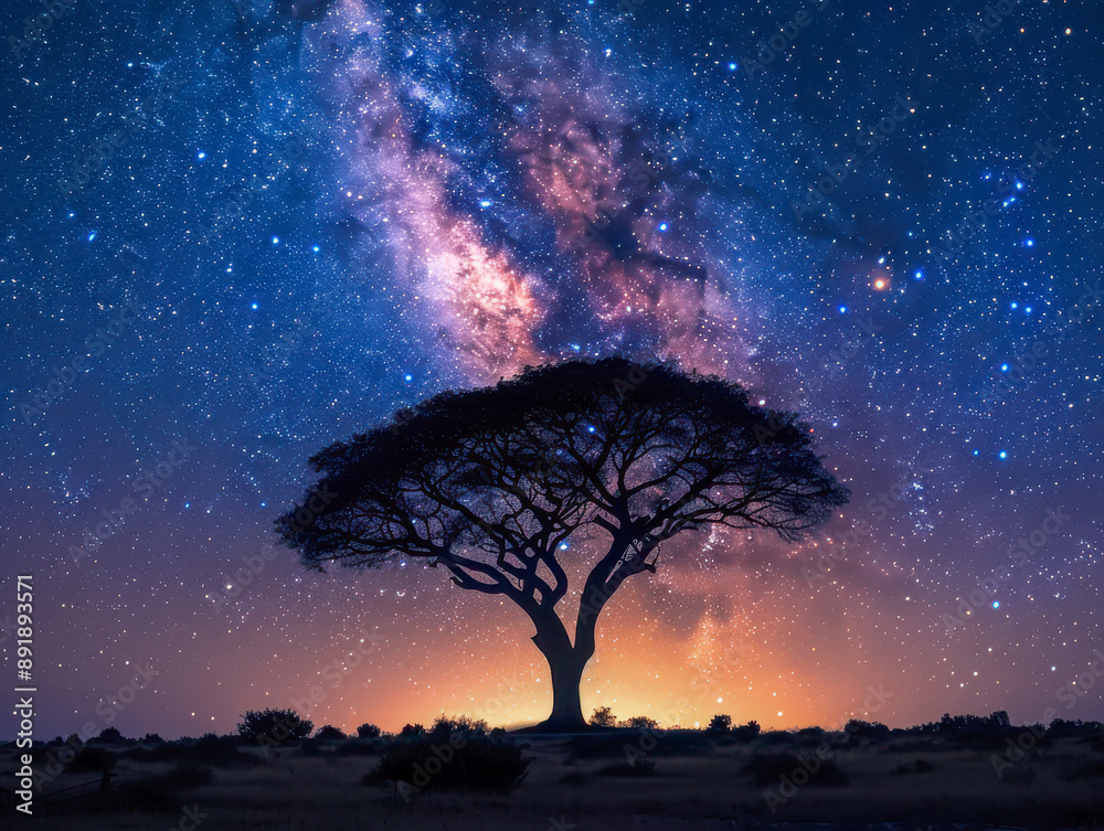 Starry Night Sky with Milky Way Over a Lone Tree Starry Night Sky with Milky Way Over a Lone Tree