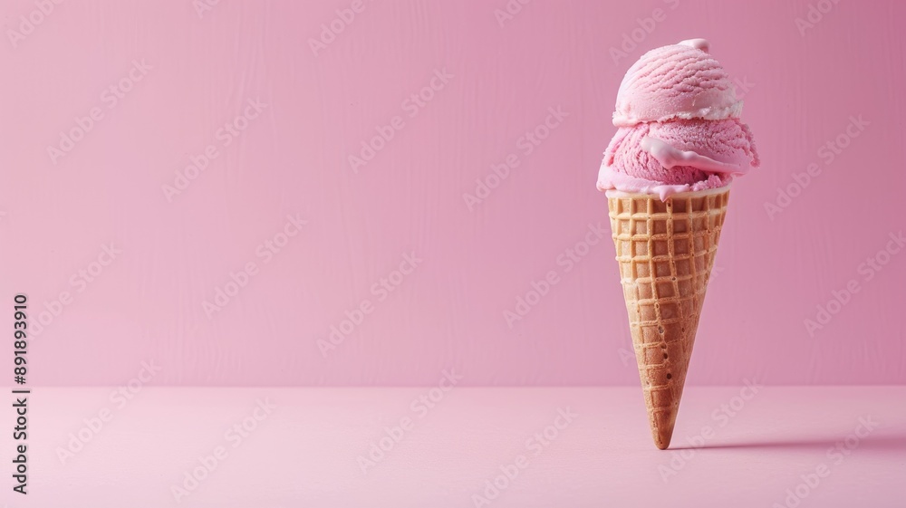 Waffle cone with pink ice cream scoops against background Waffle cone with pink ice cream scoops against background